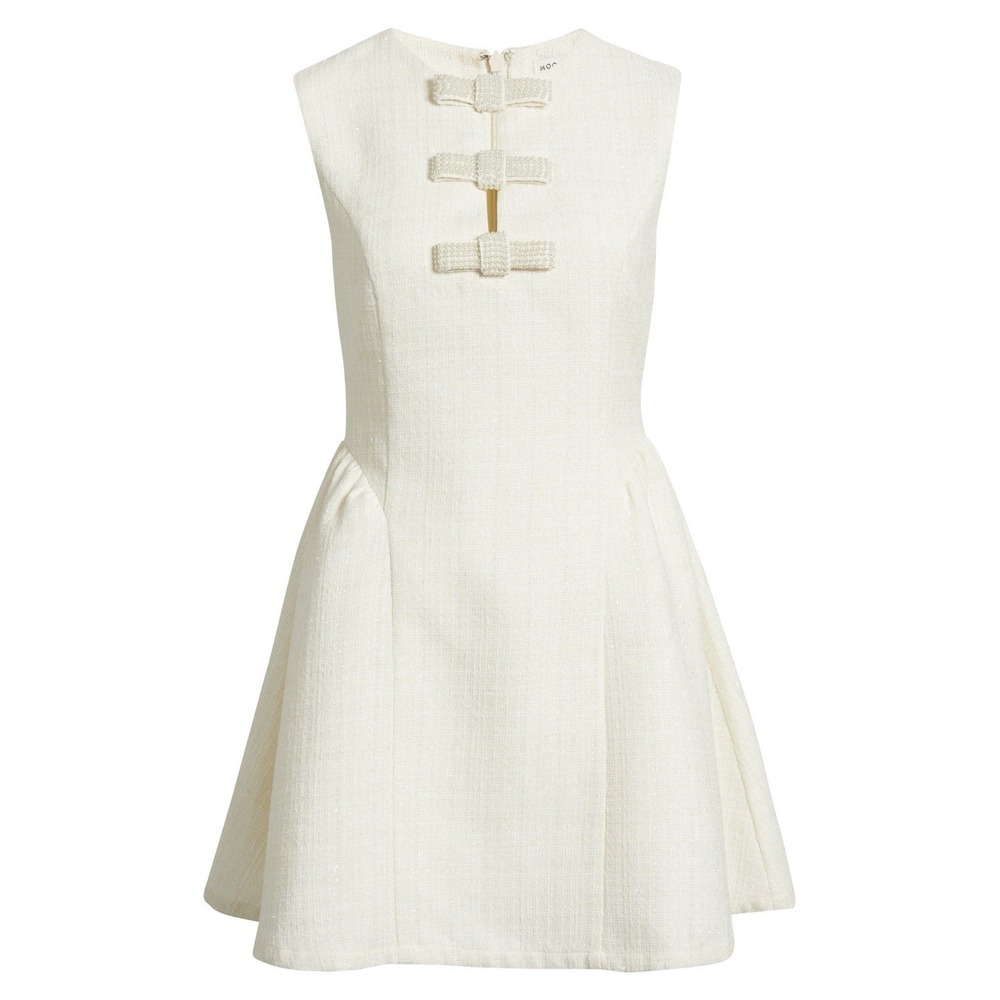 MOON RIVER Tweed Mini Dress S Ivory Pearl Bow Beaded Fit Flare Bridal Party